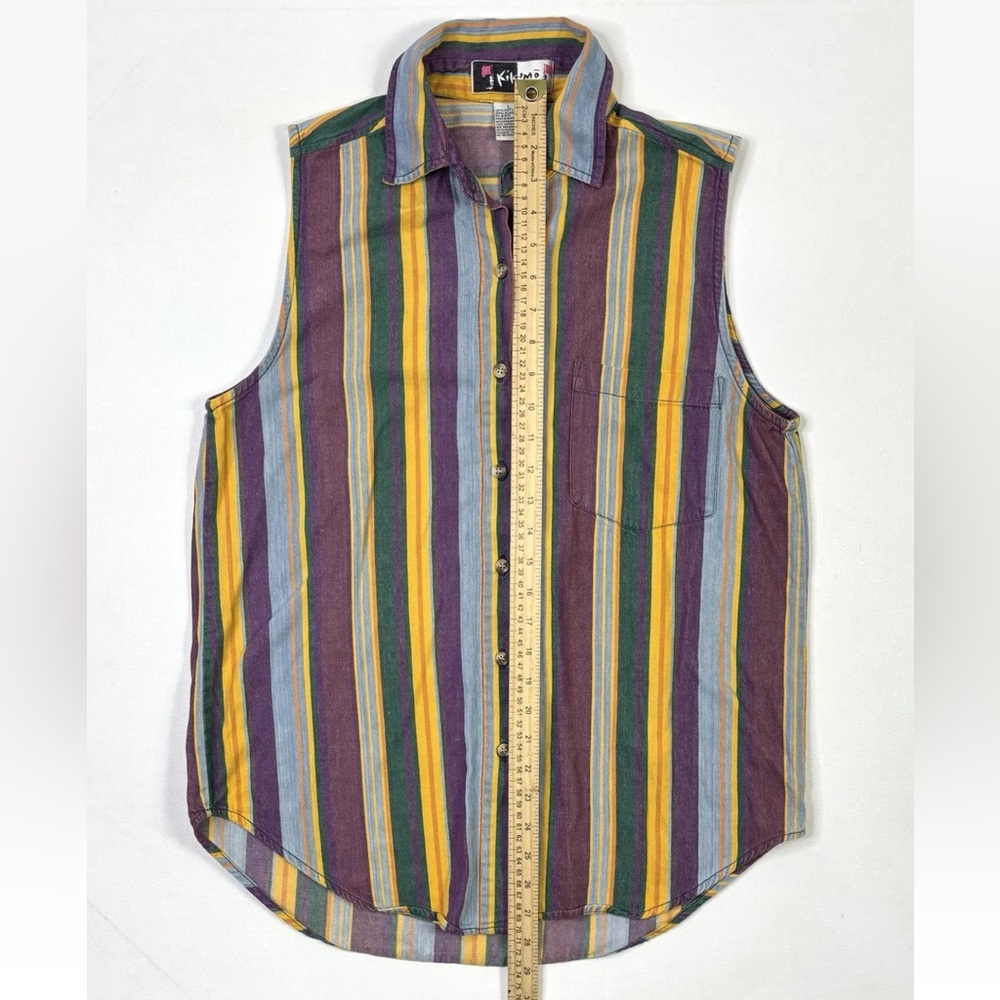 Vintage Kikomo Sleeveless Shirt Women’s Large Button Up Striped Purple Orange - Picture 5 of 8